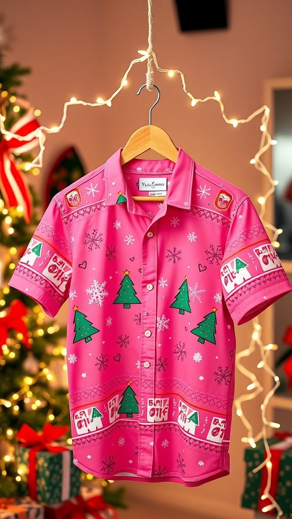 A pink Christmas shirt with festive designs hanging against a backdrop of holiday decorations.